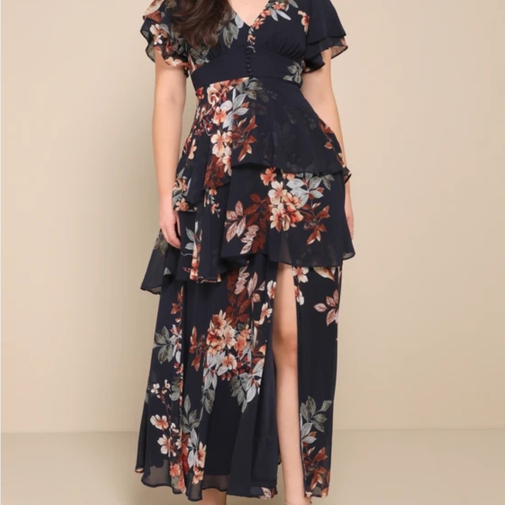 Lulu’s midnight mood navy blue floral print tiered maxi dress